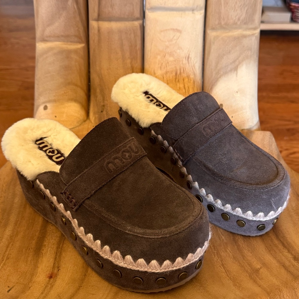 Mou Dark Brown Suede Clogs with Soft Cream Lining